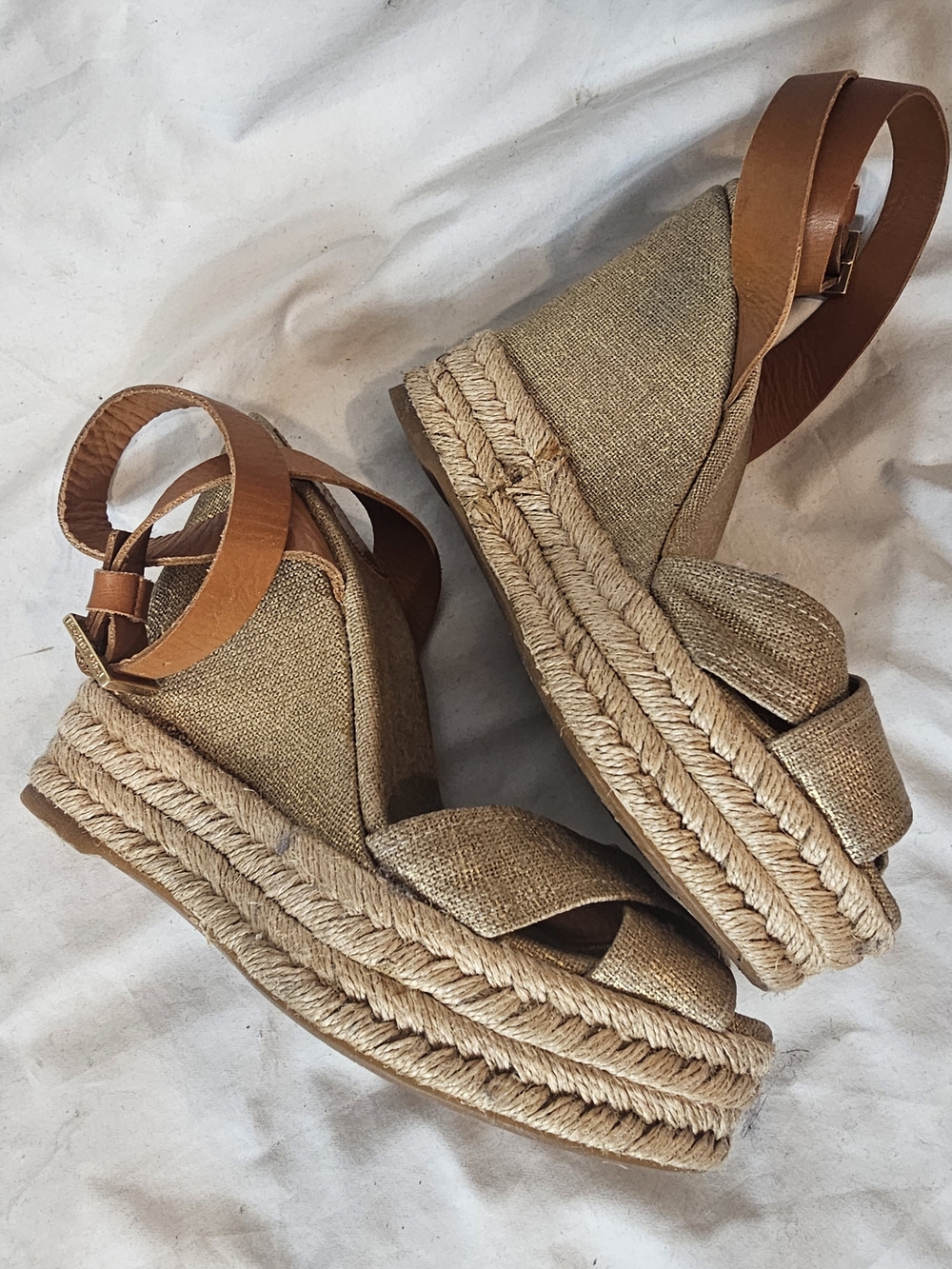 Tory Burch Fabian Wedge Espadrille Sandals Size 6 Metallic Boho Chic Ankle Strap - Picture 5 of 14